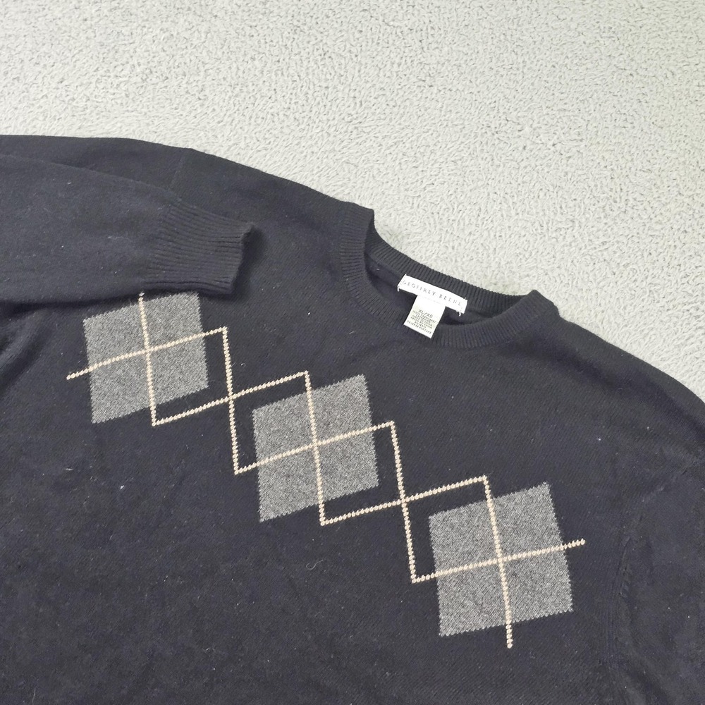 Geoffrey Beene Sweater Mens‎ XL Black 100% Cashmere Argyle Crewneck Pullover